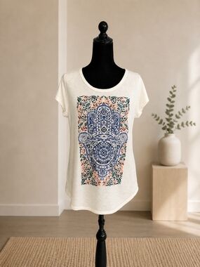 Lucky Brand Cream Tee with Blue Hamsa and Pink Floral Border